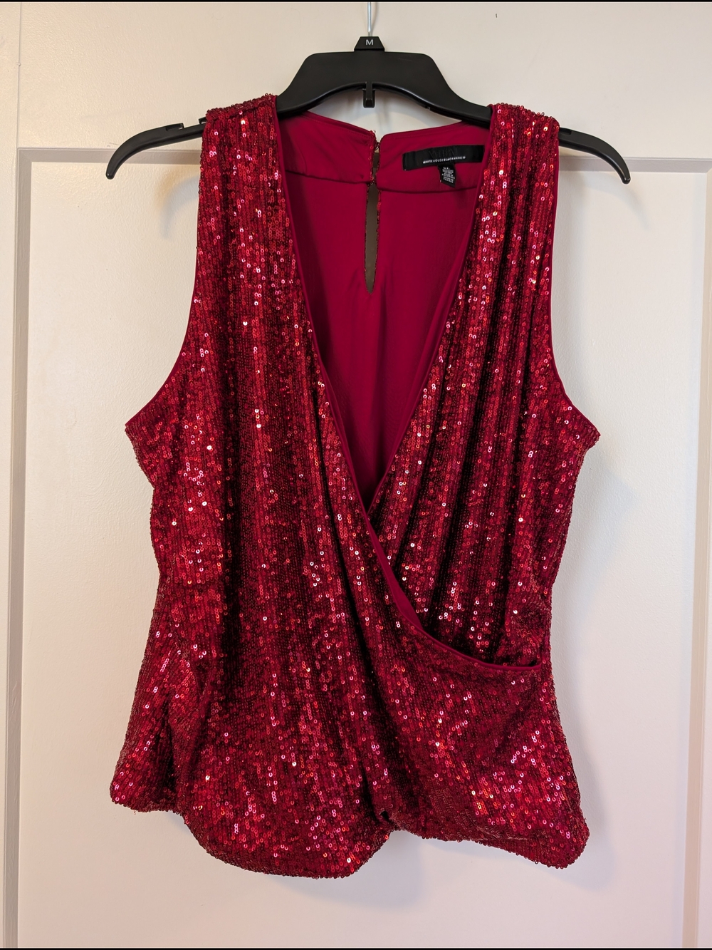 White House Black Market Red Sequin V-Neck Top